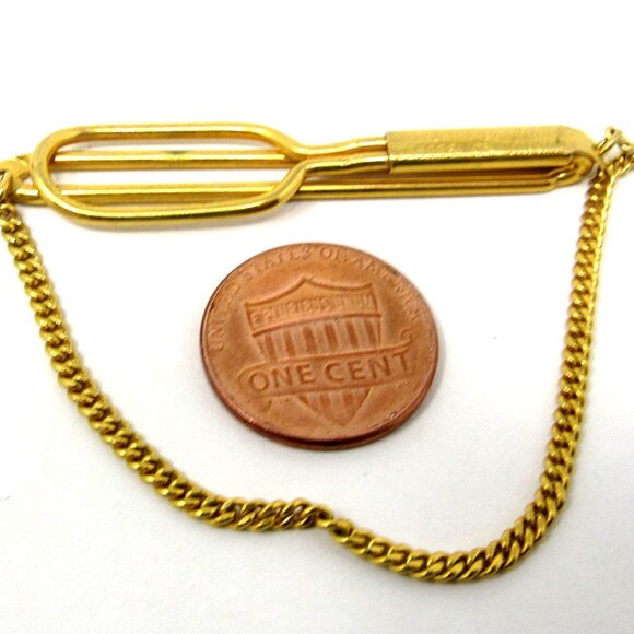 Swank Gold Tone Tie Bar Slide Clip Curb Chain 2 in Art Deco Style Vintage - Picture 3 of 3